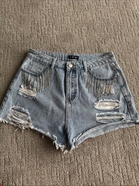 Timing Light Blue Distressed Denim Shorts with Silver Chain Fringe